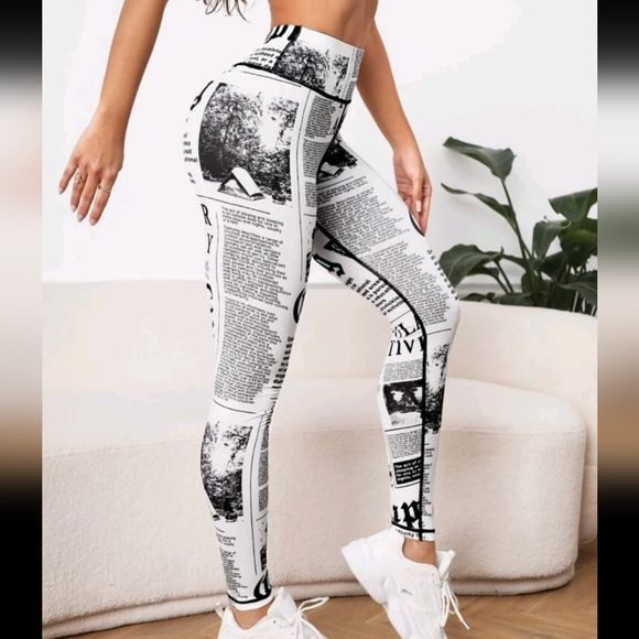 NWOT Sexy Newspaper Letter Print Leggings Tights Yoga Gym Pants - Picture 2 of 5
